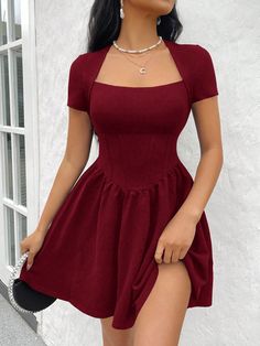 Plus Size Black Mini Knit Dress With Triangle Cut-Out Elastic Waist & Short Sleeve Square Neck, Casual/Office Wear - Frenchies Burgundy Casual  Short Sleeve Knitted Fabric Plain A Line,Fit and Flare Slight Stretch  Women Plus Clothing, size features are:Bust: ,Length: ,Sleeve Length: Semi Formal Dresses For Women Plus Size, Mini Gown Short Prom, Burgundy Dress Short Casual, Short Dress Inspo Casual, Cute Gowns Simple Short, Elastic Dresses Ankara, Short Dresses Flowy, Casual Dress For Short Women, Mini Burgundy Dress