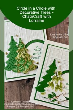 two cards with christmas trees on them and the words, circle in a circle with decorative trees