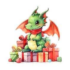 a green dragon sitting on top of presents