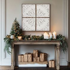 a christmas mantle with candles and presents on it