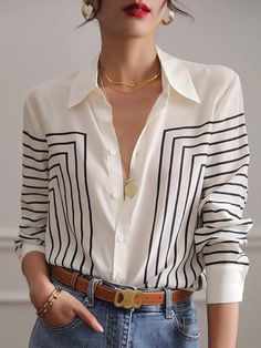 Striped Shirt Collar Urban Blouse | stylewe Loose Striped Shirt, Shirt Collar Pattern, Business Clothes, Striped Shirt Women, Stripe Outfits, The Office Shirts, Collar Blouse, Blouse Patterns, Striped Blouse