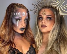 Sun And Moon Best Friend Costume, Sun And Moon Costume Makeup, Sun Goddess Halloween Costume, Halloween Moon Costume, Sun And Moon Fairy Costume, Astrology Halloween Costume, Sun And Moon Halloween Costume Couple, Sun Goddess Costume Makeup, Sun Goddess Makeup Halloween