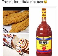 a bottle of hot sauce next to pictures of bread sticks and an ice cream cone