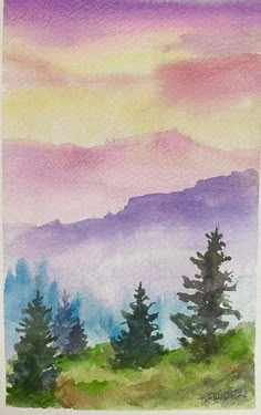 a watercolor painting of mountains and trees in the foreground with purple, yellow, and green colors