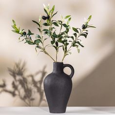 a black vase with some green leaves in it