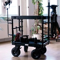 a small black cart with plants in it on the floor next to a potted plant