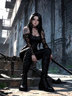 a woman with black hair and tattoos sitting on steps