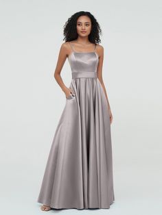 Silver A-line Spaghetti Straps Max Satin Dresses | BABARONI Elegant Square Neck Satin Dress For Prom, Satin Bridesmaid Dress Grey, Semi-stitched Silver Floor-length Gown, Silver Maxi-length Prom Gown, Silver Satin Floor-length Dress, Silver A-line Evening Dresses, Grey Satin Dress, Bridesmaid Dresses Satin, Grey Bridesmaid Dresses