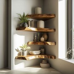 a corner shelf in the corner of a room with potted plants and other items on it