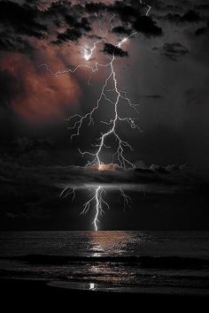 lightning striking over the ocean on a cloudy night