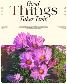 the cover of good things takes time, with pink flowers in the foreground and purple daisies in the background