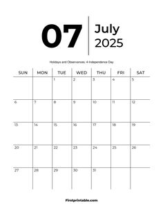 the calendar for july and july is shown in this printable version, with black numbers