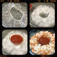 four pictures show different stages of making shrimp and dipping sauces on top of ice