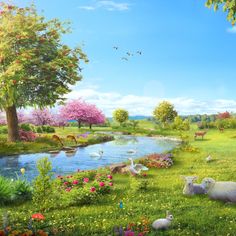 a painting of some animals in the grass by a river and trees with flowers on it