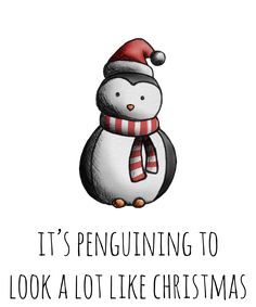 a penguin wearing a santa hat and scarf with the words, it's penguins to look at like christmas