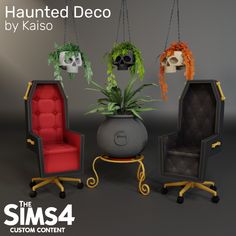 three chairs with plants in them and the caption's logo above it reads, haunted deco by kajso