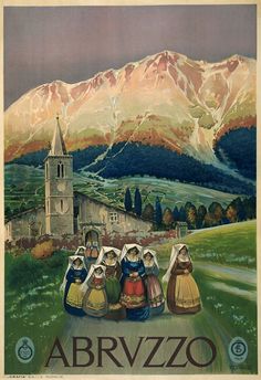 an advertisement for abrzzo wine in front of a mountain range with women carrying bags