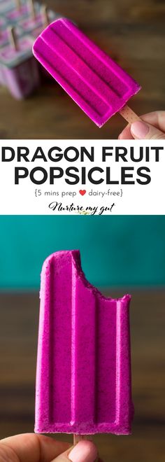 two popsicles that are pink and one is purple with the words dragon fruit popsicles on