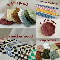 crocheted purses are shown in four different colors and sizes, with the words bubble pouch on each side