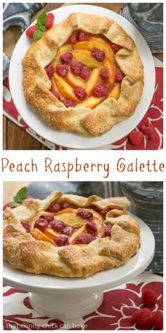 peach raspberry galette on a white plate