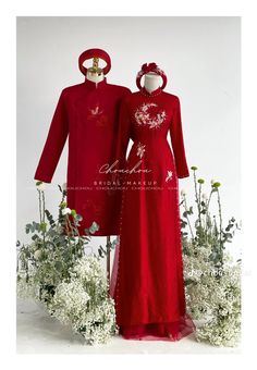 two mannequins dressed in red with flowers