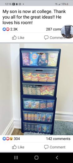 an image of a shelf with snacks on it and the caption reads, my son is now at college thank you all for the great deal he loves his room