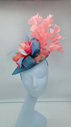 Teal Blue Wedding Fascinator with shades of pink and Coral. Bridesmaids Hat Kentucky Derby Cocktail Party Tea Party Guest Easter Kate Middleton - Headband and hairclip - Ready to ship - Lightweight - Free Shipping - Fast shipping - Customize by adding different color flowers and or feathers Check my store for styles and colors. Hatsandpearls.etsy.com Find more at my website: Www.hatsandpearls.com Reach out to me if you can't find what you are looking for. I can make cake custom orders and help y Adjustable Blue Fascinator For Summer, Blue Adjustable Fascinator For Summer, Blue Summer Fascinator Hat, Blue Fitted Fascinator For Beach, Adjustable Light Blue Fascinator For Spring, Light Blue Summer Hats For Races, Light Blue Summer Hat For Races, Light Blue Adjustable Mini Hats For Kentucky Derby, Adjustable Light Blue Mini Hat For Kentucky Derby