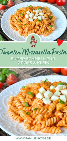 two plates filled with pasta and vegetables on top of a wooden table next to tomatoes