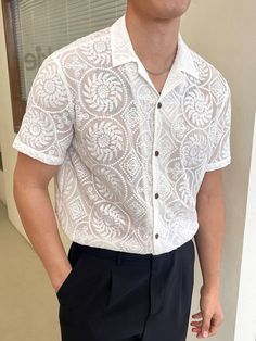 Floral Shirt Outfit, White Party Outfit, Party Outfit Men, Shirt Outfit Men, Men Shirts, Cool Outfits For Men, Plain Shirts, Lace Shirt, Mens Shirt Dress