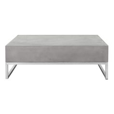 a gray coffee table with metal legs and a concrete top, viewed from the front