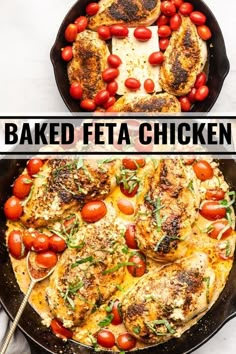 baked feta chicken in a skillet with cherry tomatoes and basil on the side