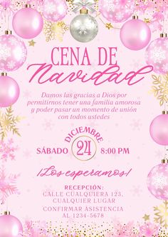 a pink and gold christmas party flyer with ornaments on the front, and snowflakes in