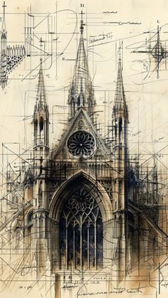 a drawing of a cathedral with many architectural drawings on it's walls and windows