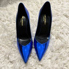 Brand New Nib Saint Laurent Kiki Pump Blue Blue Patent Leather Party Heels, Blue Patent Leather Heels For Party, Blue Patent Leather Heels With Reinforced Heel, Blue Patent Leather Heels For Formal Occasions, Formal Blue Patent Leather Heels, Designer Blue Pointed Toe Heels, Designer Blue Almond Toe Heels, Blue Heels With Branded Insole For Evening, Blue Closed Toe Heels With Branded Insole