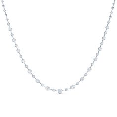 Diamonds orbit the neckline like a miniature twinkling galaxy. This necklace is simple and refined, yet dazzling—the diamonds, alternating in size, are cut to Kwiat’s exacting standards, releasing their full brilliance. Set along strands of delicate 18k white gold, flexible and invisibly linked, the stones seem to float effortlessly against the skin. Night Necklace, Diamond Necklace Simple, Beautiful Diamond Necklace, Necklaces Diamond, Engagement Ring And Wedding Band, Wedding Day Jewelry, White Gold Necklace, Simple Diamonds, Necklace For Girlfriend