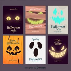 six halloween cards with pumpkins and scary faces