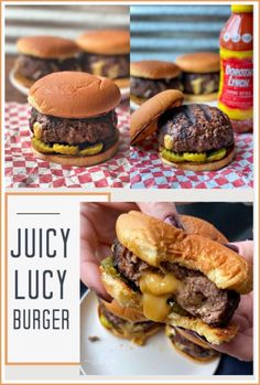 juicy juicy burgers with cheese and pickles on the side are ready to be eaten