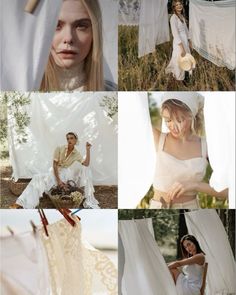 a collage of photos with white clothing and clothes hanging on the clothes line,