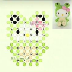 a hello kitty stuffed animal sitting next to a green and white wallpaper with numbers on it