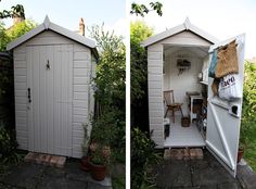 two pictures of a small white shed with doors open