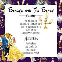 the beauty and the beast menu is shown with princesses in purple, gold and white