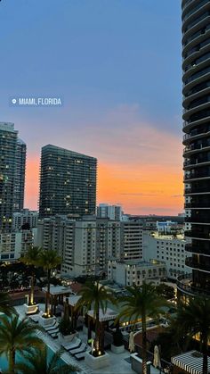 the city skyline is lit up at dusk with palm trees and buildings in the foreground