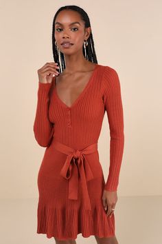 Cozy Poise Rust Orange Henley Long Sleeve Mini Sweater Dress Longhorn Football, Knot Tie Dress, Short Orange Dress, Henley Long Sleeve, Mini Sweater, Ribbed Sweater Dress, Versatile Dress, Mini Sweater Dress, Rust Orange