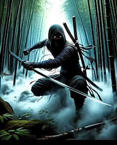 a man in a ninja suit holding two swords while standing in the middle of a bamboo forest