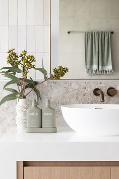 a white sink sitting under a bathroom mirror next to a counter top with soap dispensers