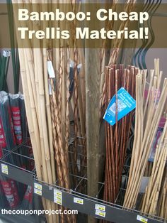 there are many different types of bamboo sticks in the display case with text overlay that reads, bamboo cheap trellis material