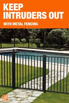 a fenced in pool with the words protect your pool on it's side