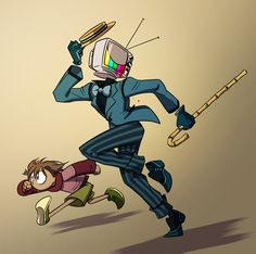 an image of a cartoon character running with a tv on his head and another person behind him