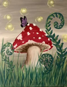 a painting of a mushroom with a butterfly on it's head in the grass