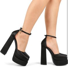 New Without Box. Black High Heels & Wedges, Black Chunky Heels, Chunky Heel Pumps, Ankle Strap Shoes, Satin Heels, Platform Heels Chunky, Birthday Dress, Strap Shoes, Chunky Platform